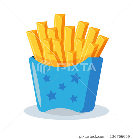 Cute cartoon french fried potato in colorful paper box, junk food element for restaurant menu. Cute cartoon french fried potato in colorful paper box, junk food element for restaurant menu. 136766609