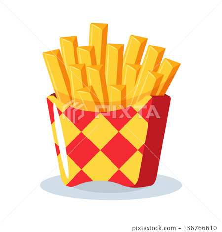 Cute cartoon french fried potato in colorful paper box, junk food element for restaurant menu. Cute cartoon french fried potato in colorful paper box, junk food element for restaurant menu. 136766610