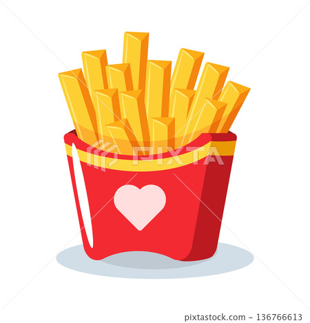 Cute cartoon french fried potato in colorful paper box, junk food element for restaurant menu. 136766613