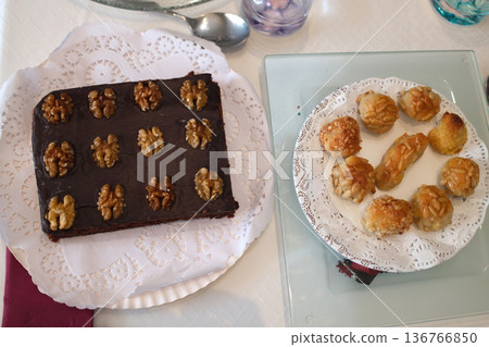 Chocolate Brownie Dessert Served on Plate Chocolate Brownie Dessert Served on Plate 136766850