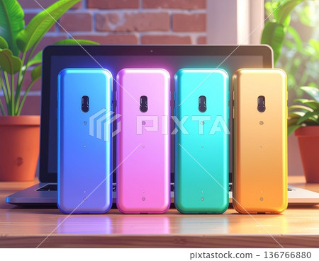 四塊彩色行動電源整齊地擺放在一台筆記型電腦前。 136766880