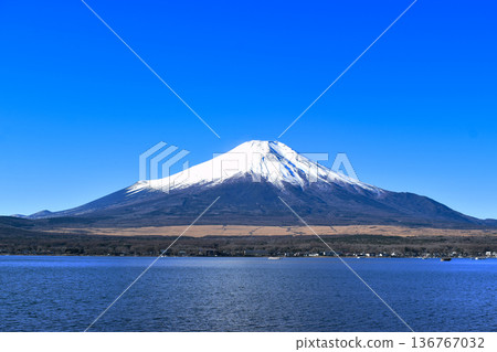 Mount Fuji in winter as seen from Lake Yamanaka Mount Fuji in winter as seen from Lake Yamanaka 136767032