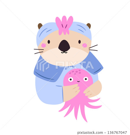 Cute Otter Girl Holding Octopus Cartoon Animal Illustration for Kids Design 136767047