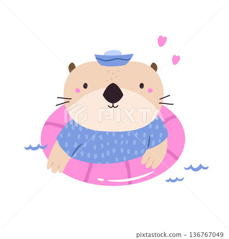 Cute Otter Floating in Swim Ring Cartoon Animal Summer Illustration Cute Otter Floating in Swim Ring Cartoon Animal Summer Illustration 136767049