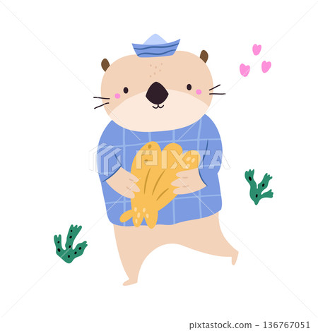 Cute Otter Holding Seashell Cartoon Animal Illustration for Kids Design Cute Otter Holding Seashell Cartoon Animal Illustration for Kids Design 136767051