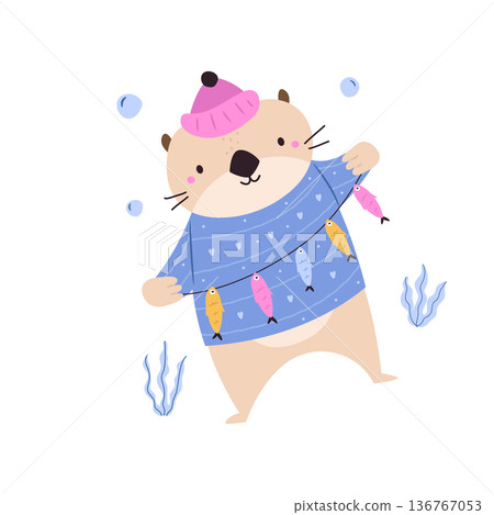 Cute Otter Fishing with String of Fish Cartoon Animal Illustration Cute Otter Fishing with String of Fish Cartoon Animal Illustration 136767053