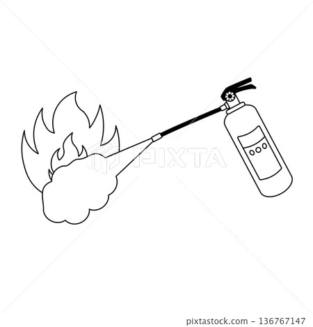滅火器和火焰黑白單色線條畫插圖 滅火器和火焰黑白單色線條畫插圖 136767147