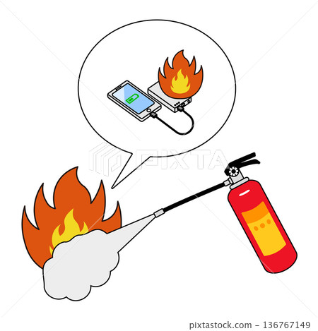 Illustration material of a mobile battery fire and a fire extinguisher 136767149