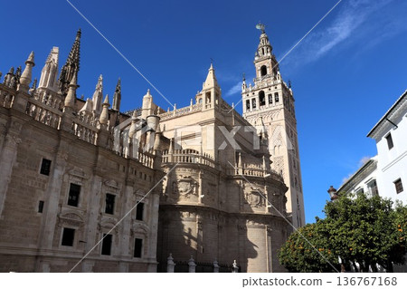 World Heritage Site: Seville Cathedral under the blue sky, Seville, Spain, Europe World Heritage Site: Seville Cathedral under the blue sky, Seville, Spain, Europe 136767168