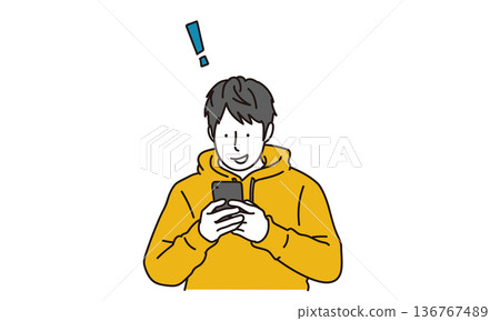Illustration material of a man smiling while looking at his smartphone Illustration material of a man smiling while looking at his smartphone 136767489