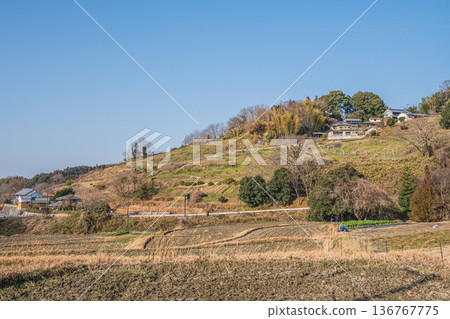 從奈良縣飛鳥村坂田梯田眺望里山鄉村景色 從奈良縣飛鳥村坂田梯田眺望里山鄉村景色 136767775