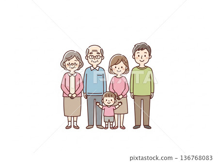 Illustration of a three-generation family of five | Family material with grandparents, parents and children 136768083