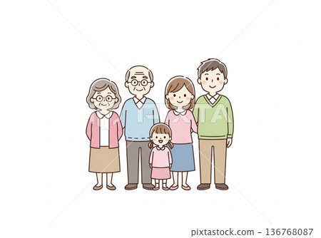 Illustration of a three-generation family of five | Family material with grandparents, parents and children Illustration of a three-generation family of five | Family material with grandparents, parents and children 136768087