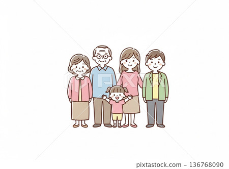 Illustration of a three-generation family of five | Family material with grandparents, parents and children 136768090
