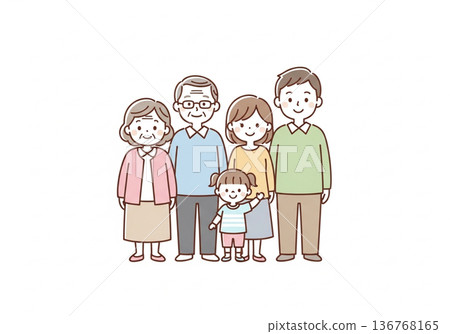 Illustration of a three-generation family of five | Family material with grandparents, parents and children 136768165