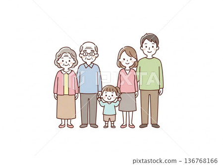 Illustration of a three-generation family of five | Family material with grandparents, parents and children 136768166