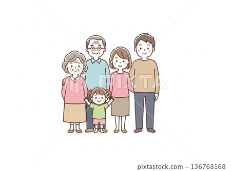 Illustration of a three-generation family of five | Family material with grandparents, parents and children 136768168