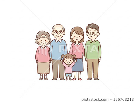 一幅描繪五口之家（三代同堂）的插圖 | 包含祖父母、父母和子女的家庭資料 136768218