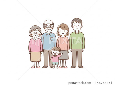 Illustration of a three-generation family of five | Family material with grandparents, parents and children 136768231