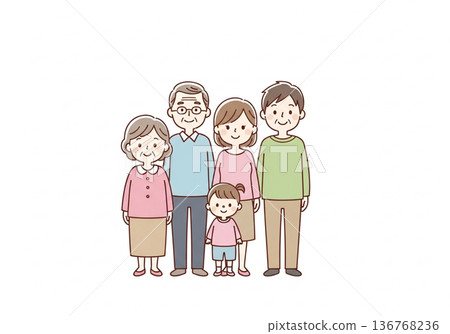 Illustration of a three-generation family of five | Family material with grandparents, parents and children 136768236