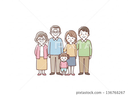 一幅描繪五口之家（三代同堂）的插圖 | 包含祖父母、父母和子女的家庭資料 136768267