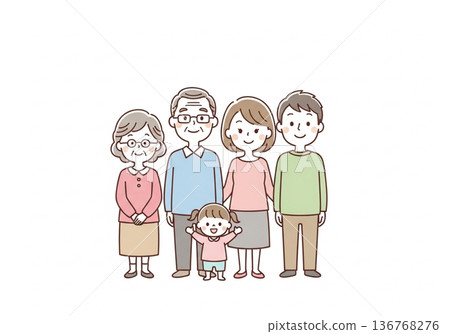 Illustration of a three-generation family of five | Family material with grandparents, parents and children 136768276