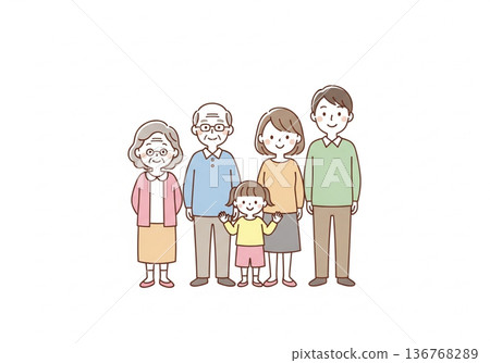 Illustration of a three-generation family of five | Family material with grandparents, parents and children 136768289