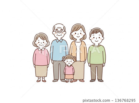 Illustration of a three-generation family of five | Family material with grandparents, parents and children 136768295