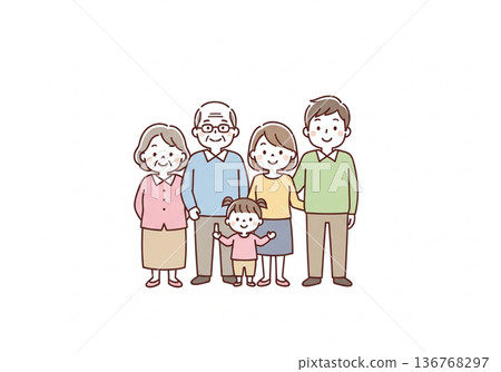 Illustration of a three-generation family of five | Family material with grandparents, parents and children Illustration of a three-generation family of five | Family material with grandparents, parents and children 136768297