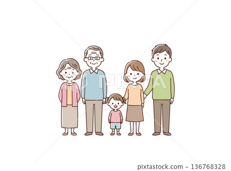 Illustration of a three-generation family of five | Family material with grandparents, parents and children 136768328