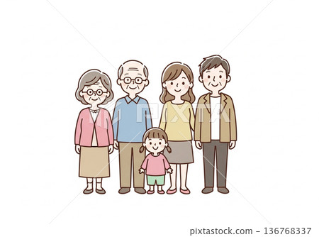 一幅描繪五口之家（三代同堂）的插圖 | 包含祖父母、父母和子女的家庭資料 136768337