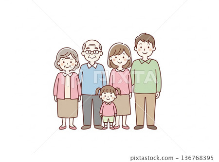 Illustration of a three-generation family of five | Family material with grandparents, parents and children 136768395