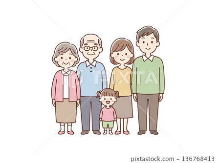 Illustration of a three-generation family of five | Family material with grandparents, parents and children 136768413