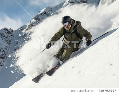 Skiers skiing on powder snow on a clear, snowy mountain. Dynamic backcountry Skiers skiing on powder snow on a clear, snowy mountain. Dynamic backcountry 136768557