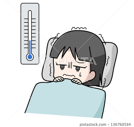 Illustration of a girl who can't sleep because of the cold 136768584