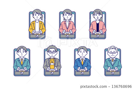 Illustration material of male and female businessmen exchanging business cards online Illustration material of male and female businessmen exchanging business cards online 136768696