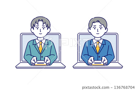 插畫素材:一位男性商人正在電腦上線上交換名片 插畫素材:一位男性商人正在電腦上線上交換名片 136768704
