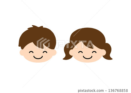 微笑兒童頭像圖示集 | 白色背景上的男孩女孩扁平化頭像插圖 136768858