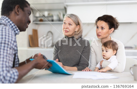 Two women with baby sitting at the kitchen-table face to face with male agent Two women with baby sitting at the kitchen-table face to face with male agent 136769164