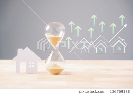 Hourglass time house mortgage real estate concept shows sand flowing near home building cutout, property investment graph rising with up arrows, financial money growth for accommodation Hourglass time house mortgage real estate concept shows sand flowing near home building cutout, property investment graph rising with up arrows, financial money growth for accommodation 136769388