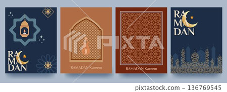 Set of Ramadan Kareem banners, posters, greeting cards, and cover designs featuring traditional patterns, mosques, and crescent moons in flat geometric style 136769545