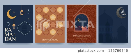 Set of Ramadan Kareem banners, posters, greeting cards, and cover designs featuring traditional patterns, mosques, and crescent moons in flat geometric style 136769546