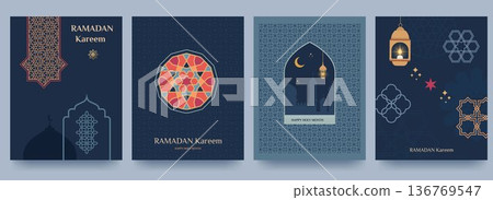 Set of Ramadan Kareem banners, posters, greeting cards, and cover designs featuring traditional patterns, mosques, and crescent moons in flat geometric style Set of Ramadan Kareem banners, posters, greeting cards, and cover designs featuring traditional patterns, mosques, and crescent moons in flat geometric style 136769547