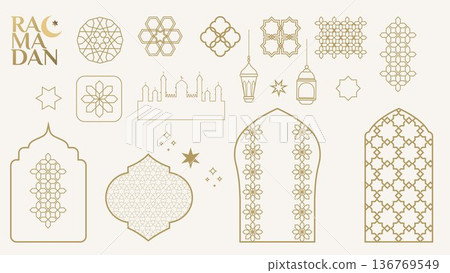 A collection of elements for decoration and festive design for Ramadan Kareem Eid Mubarak with icons, windows, patterns, mosques, moon, lanterns, stars, arabesques in line art style 136769549