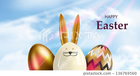 Easter poster with ceramic bunny, flowers, golden eggs decorated with a pattern. On the sky background. Easter greetings and gifts. Easter promotion and shopping template. Easter poster with ceramic bunny, flowers, golden eggs decorated with a pattern. On the sky background. Easter greetings and gifts. Easter promotion and shopping template. 136769560