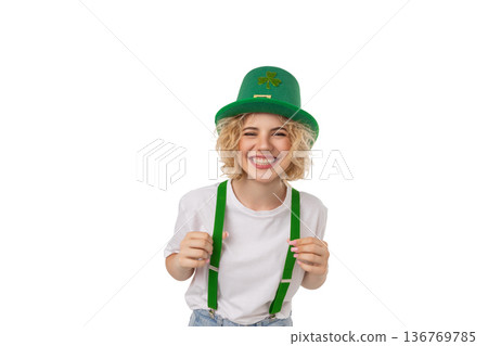 Woman smiling and dressed in festive green attire, isolated, PNG 136769785