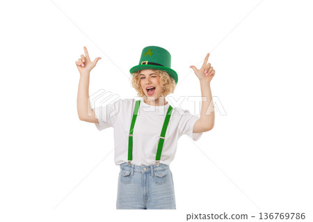 Woman wearing a green hat with shamrocks and suspenders, isolated, PNG 136769786