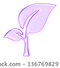 Elegant translucent leaf icon in glassmorphism style for ecology and nature concepts, Soft lavender gradient plant sprout symbolizing sustainability and environmental growth 136769829