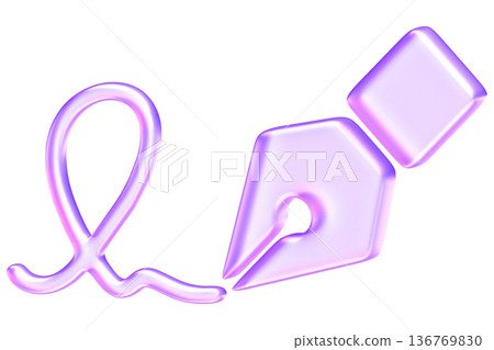 Glassmorphism fountain pen nib icon with signature stroke for creative writing, Translucent lavender digital signature tool with glossy gradient for legal and contract design 136769830