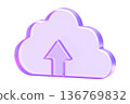 Glassmorphism cloud upload icon with upward arrow for data storage and networking, Translucent lavender cloud computing symbol with glossy gradient for backup and file transfer 136769832